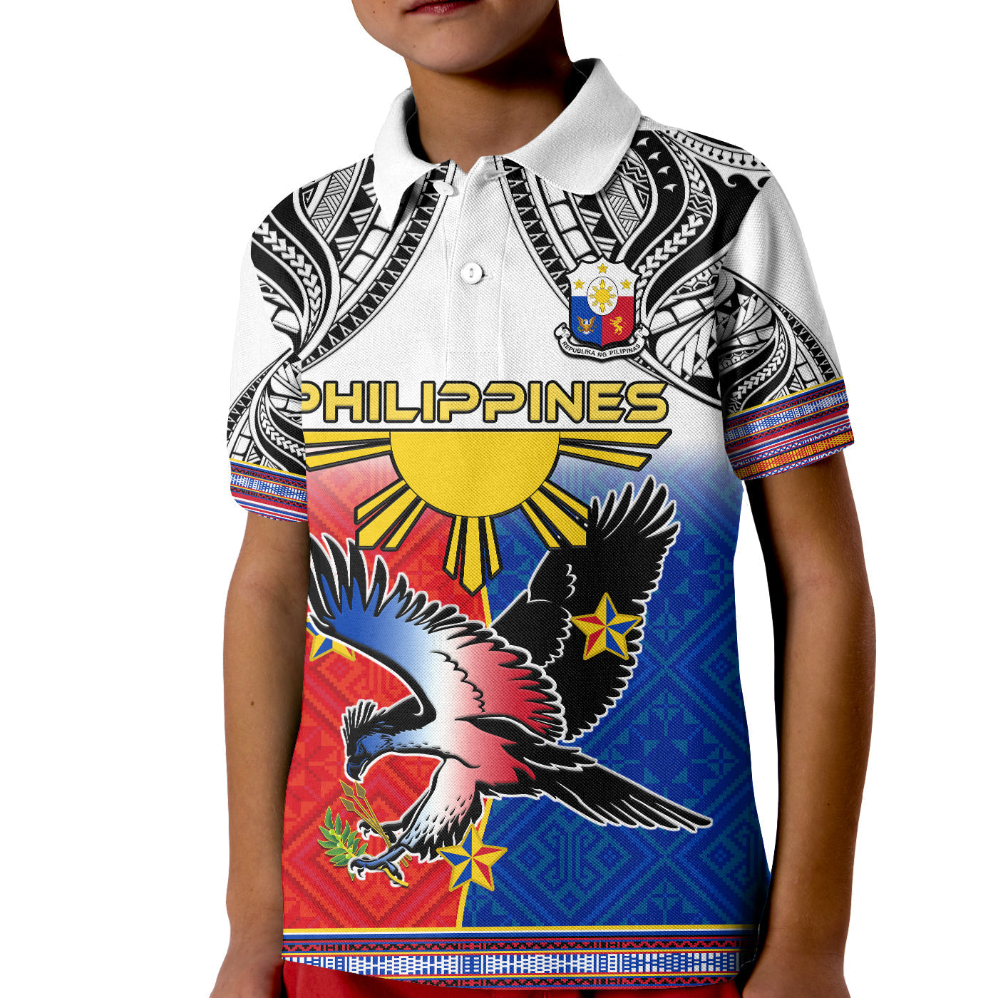 Custom Philippines Polo Shirt KID Polynesian Filipino Pattern With Eagle LT14