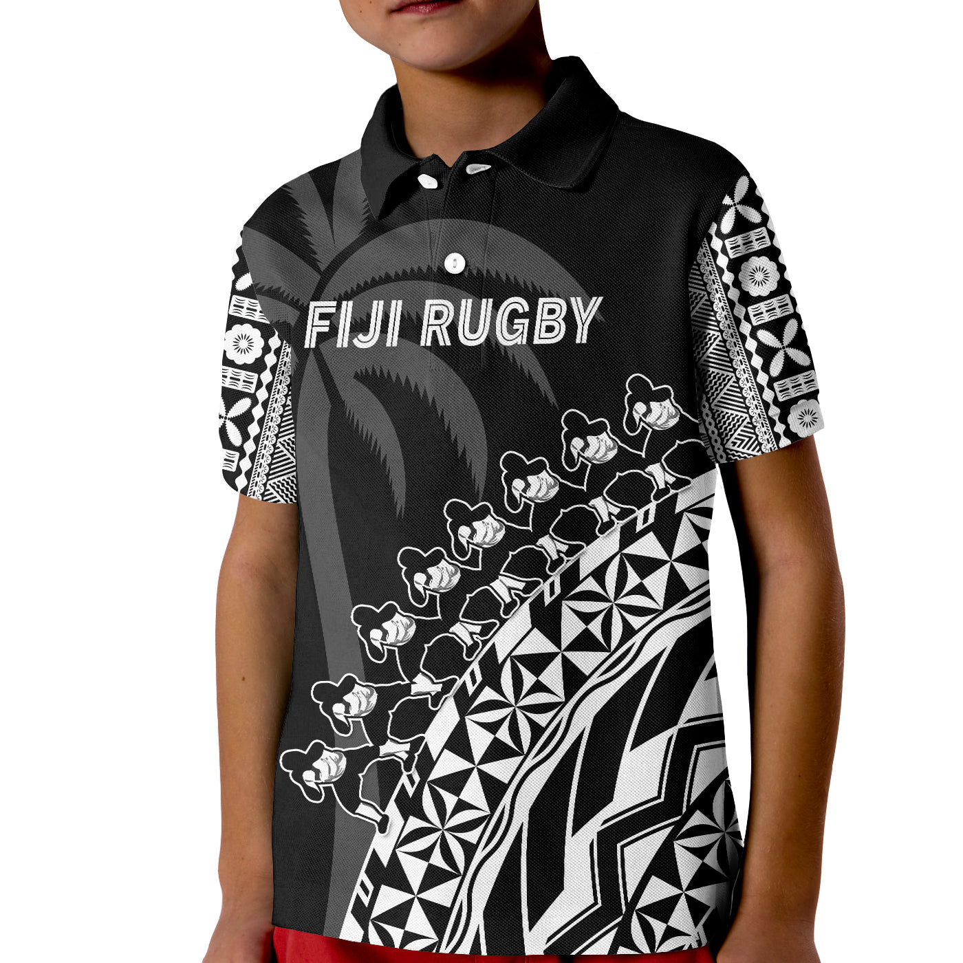 Fiji Rugby Polo Shirt Fijian Cibi Dance Tapa Pattern Black LT14