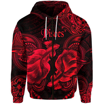 Pisces Zodiac Polynesian Zip Hoodie Unique Style Red LT8