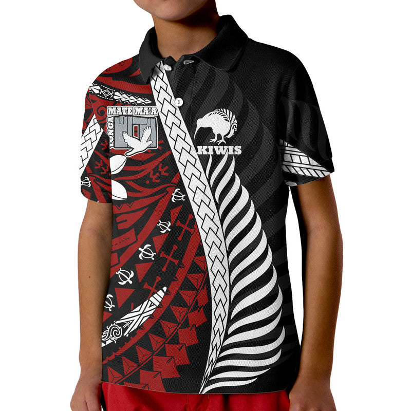 Mate Maa Tonga Mixed Aotearoa Kiwis Rugby Polo Shirt Silver Fern Mixed Polynesian Style LT9