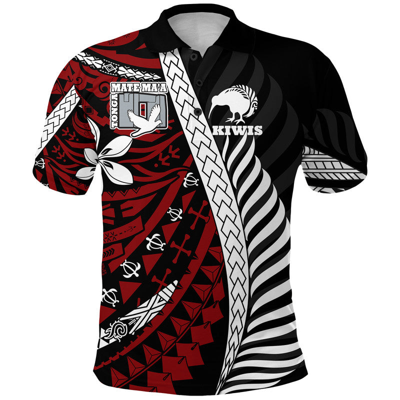 Mate Maa Tonga Mixed Aotearoa Kiwis Rugby Polo Shirt Silver Fern Mixed Polynesian Style LT9