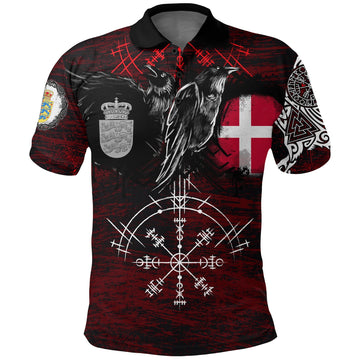Viking Polo Shirt Denmark Raven Of Odin and Symbol Viking On Blood Background RLT12