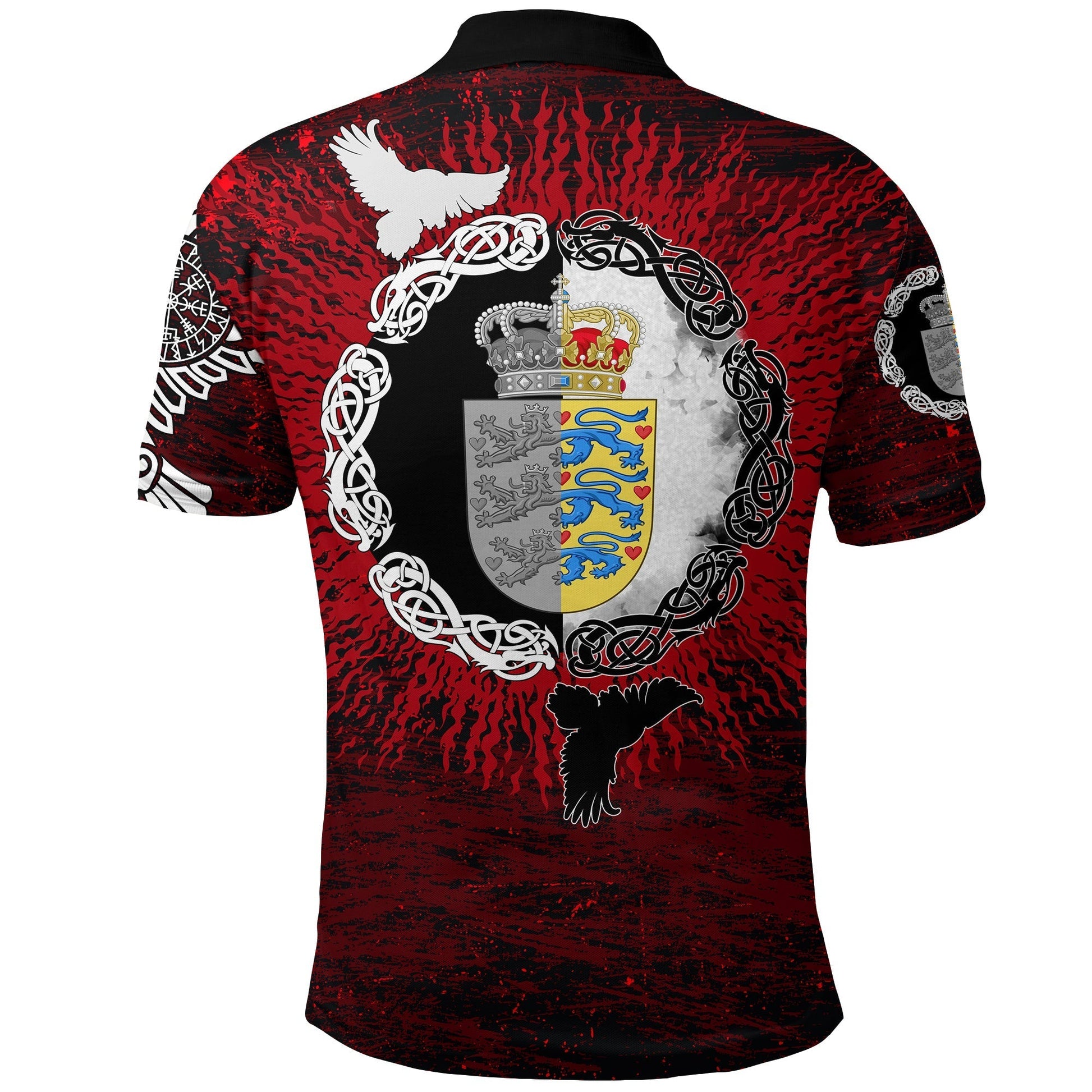 Viking Polo Shirt Denmark Raven Of Odin and Symbol Viking On Blood Background RLT12