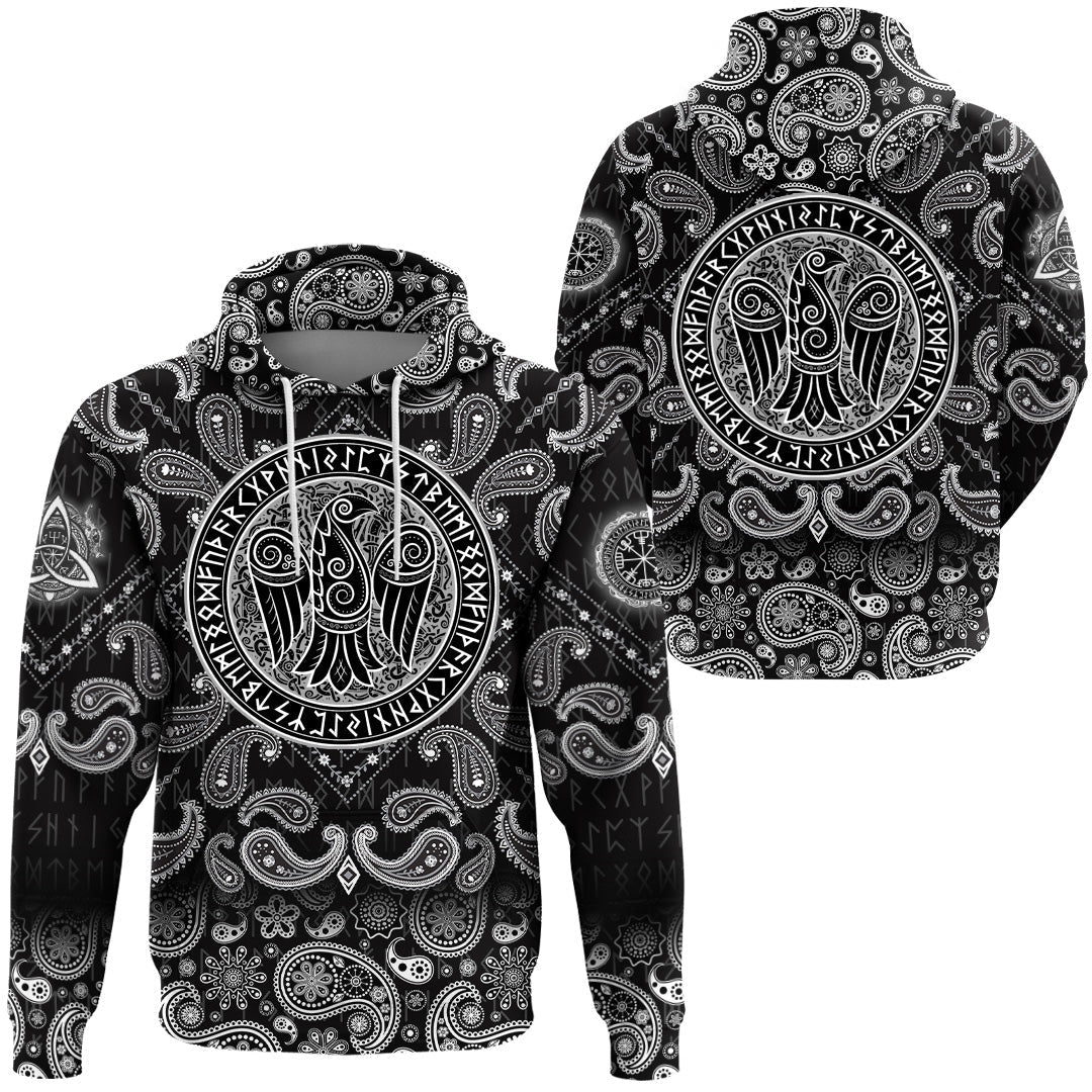 Viking Hoodie Raven In Celtic Scandinavian Style and Norse Runes with Bandana Paisley Style RLT12