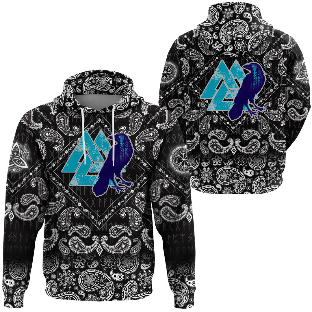 Viking Hoodie Raven Skull and Valknut Symbol with Bandana Paisley Style RLT12