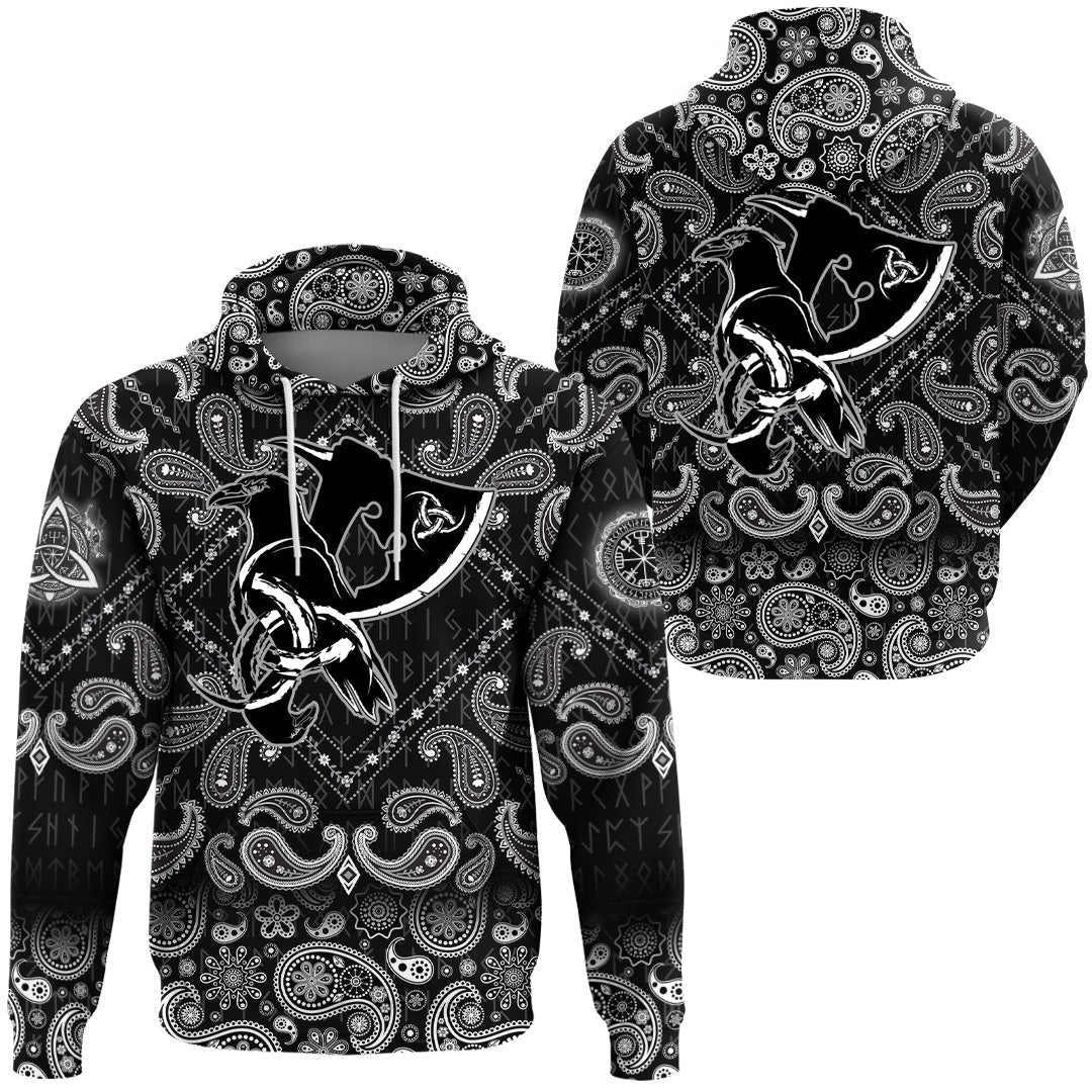 Viking Hoodie Scandinavian Raven Axe with Bandana Paisley Style RLT12