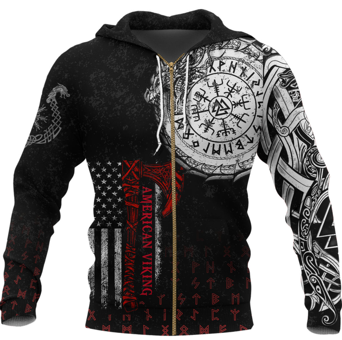 Viking Clothing Viking American Dragon Tattoo Valknut and Vegvisir Zip Hoodie RLT12