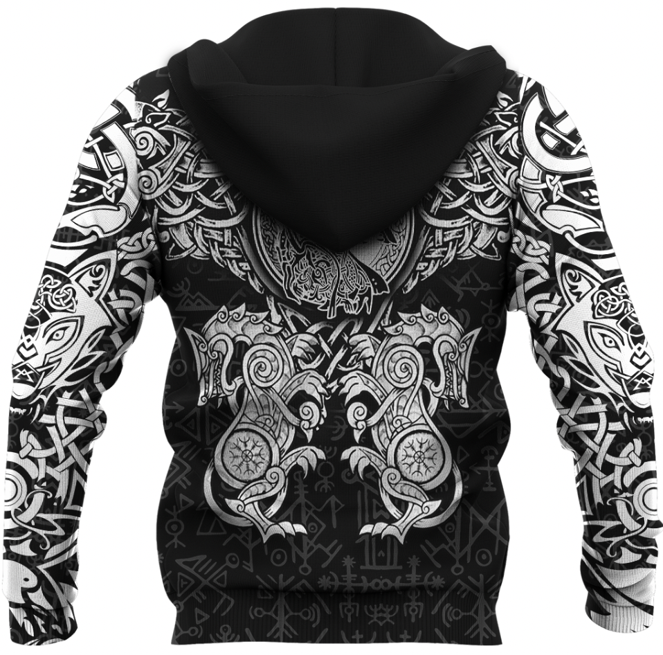 Viking Clothing Viking Dragon and Wolf Tattoo Zip Hoodie RLT12