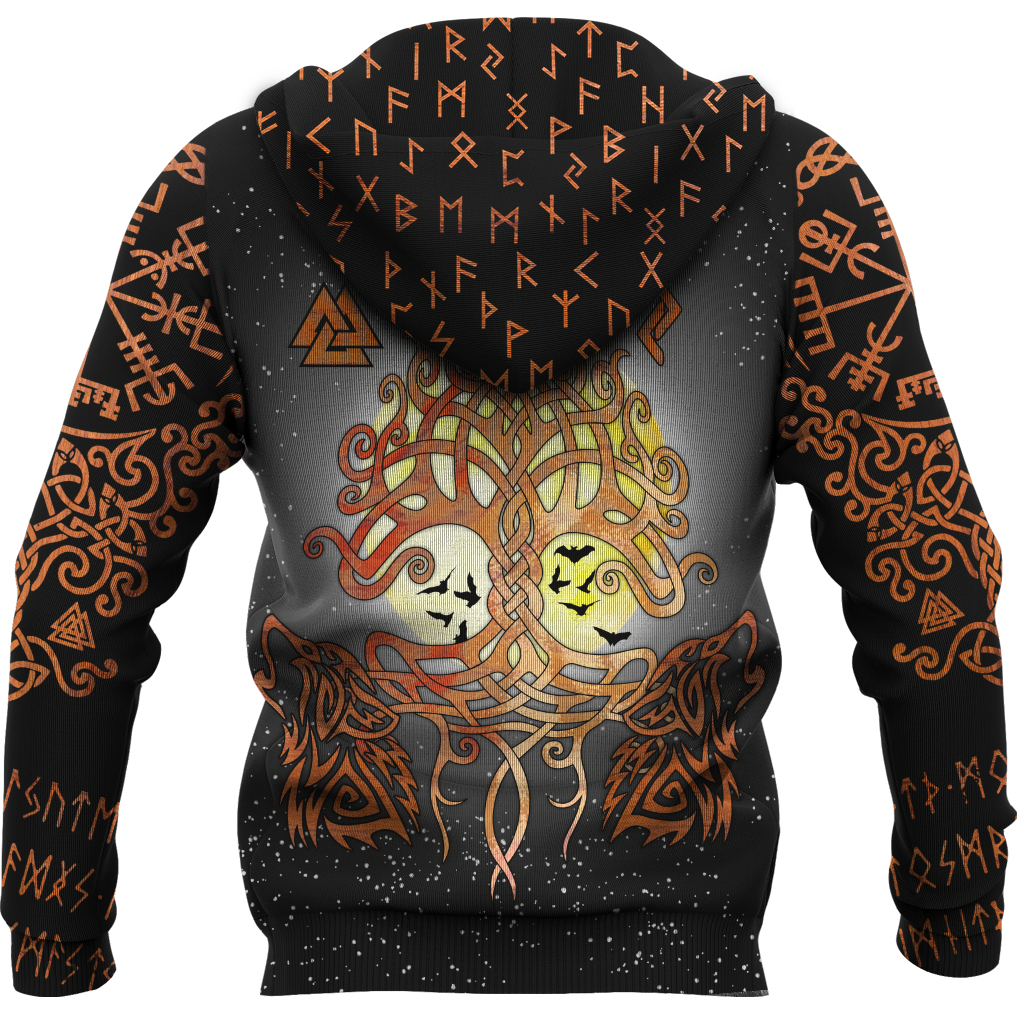 Viking Clothing Yggdrasil Raven and Wolf Zip Hoodie RLT12