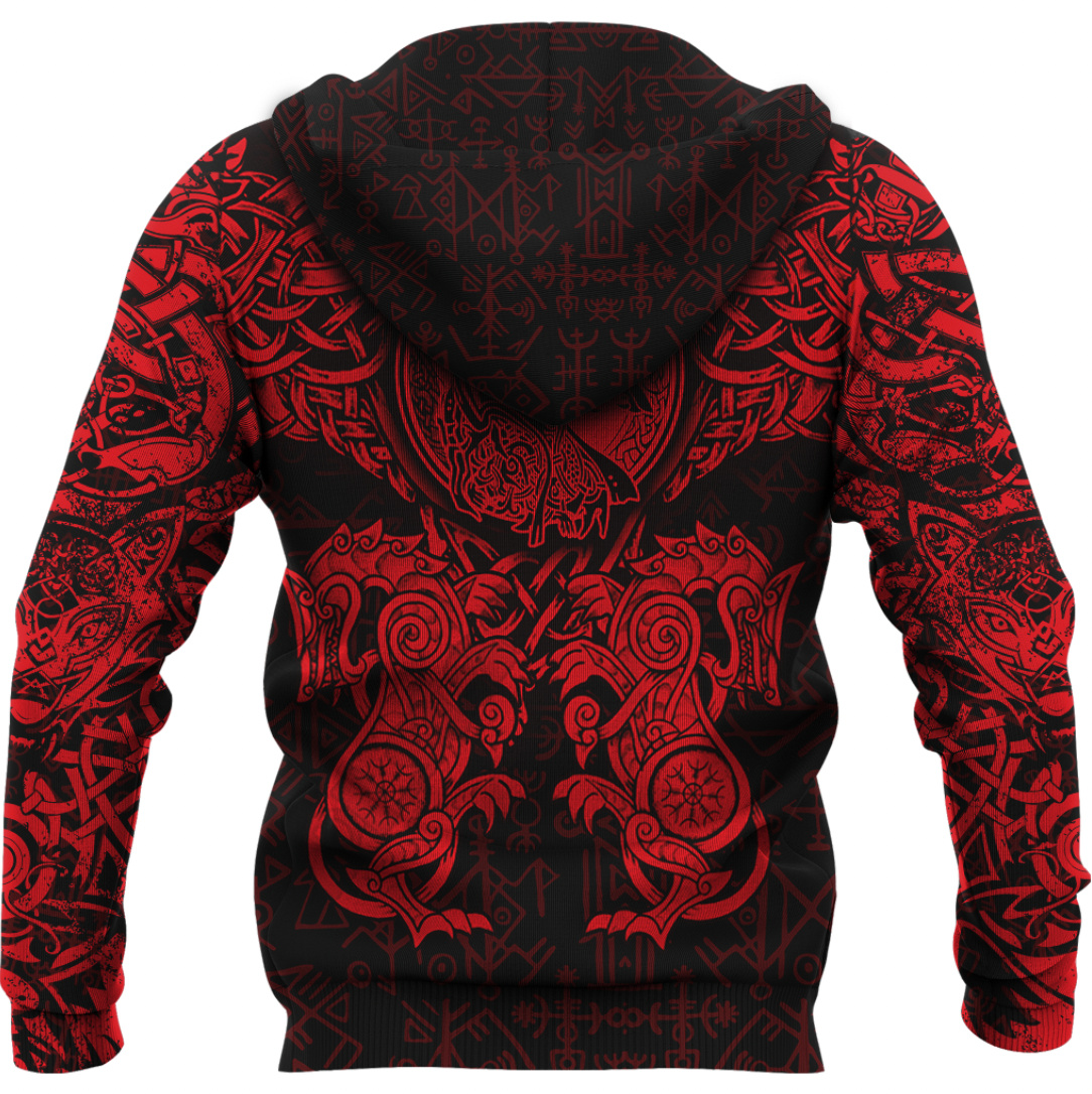 Viking Clothing Viking Dragon and Wolf Tattoo Red Zip Hoodie RLT12