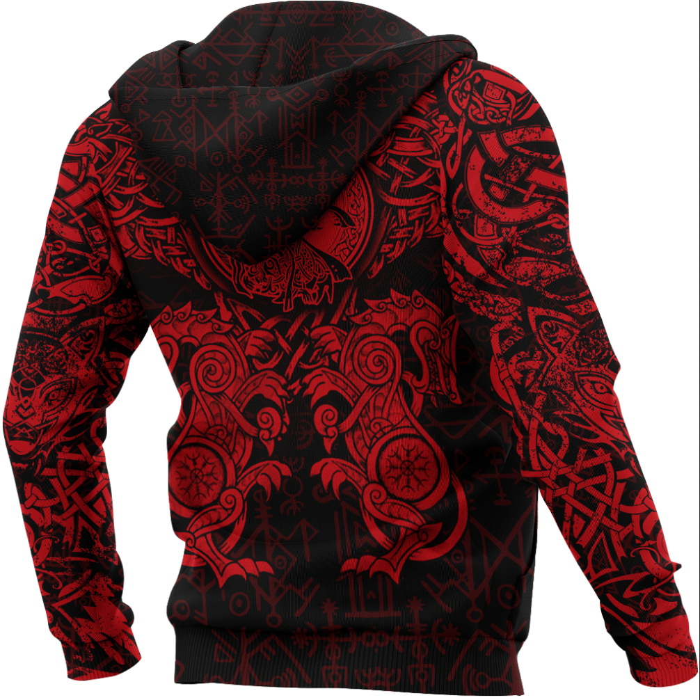 Viking Clothing Viking Dragon and Wolf Tattoo Red Zip Hoodie RLT12