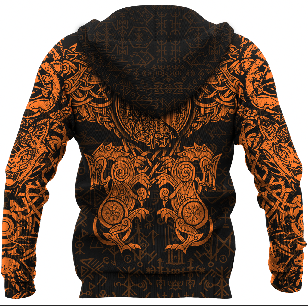 Viking Clothing Viking Dragon and Wolf Tattoo Orange Zip Hoodie RLT12
