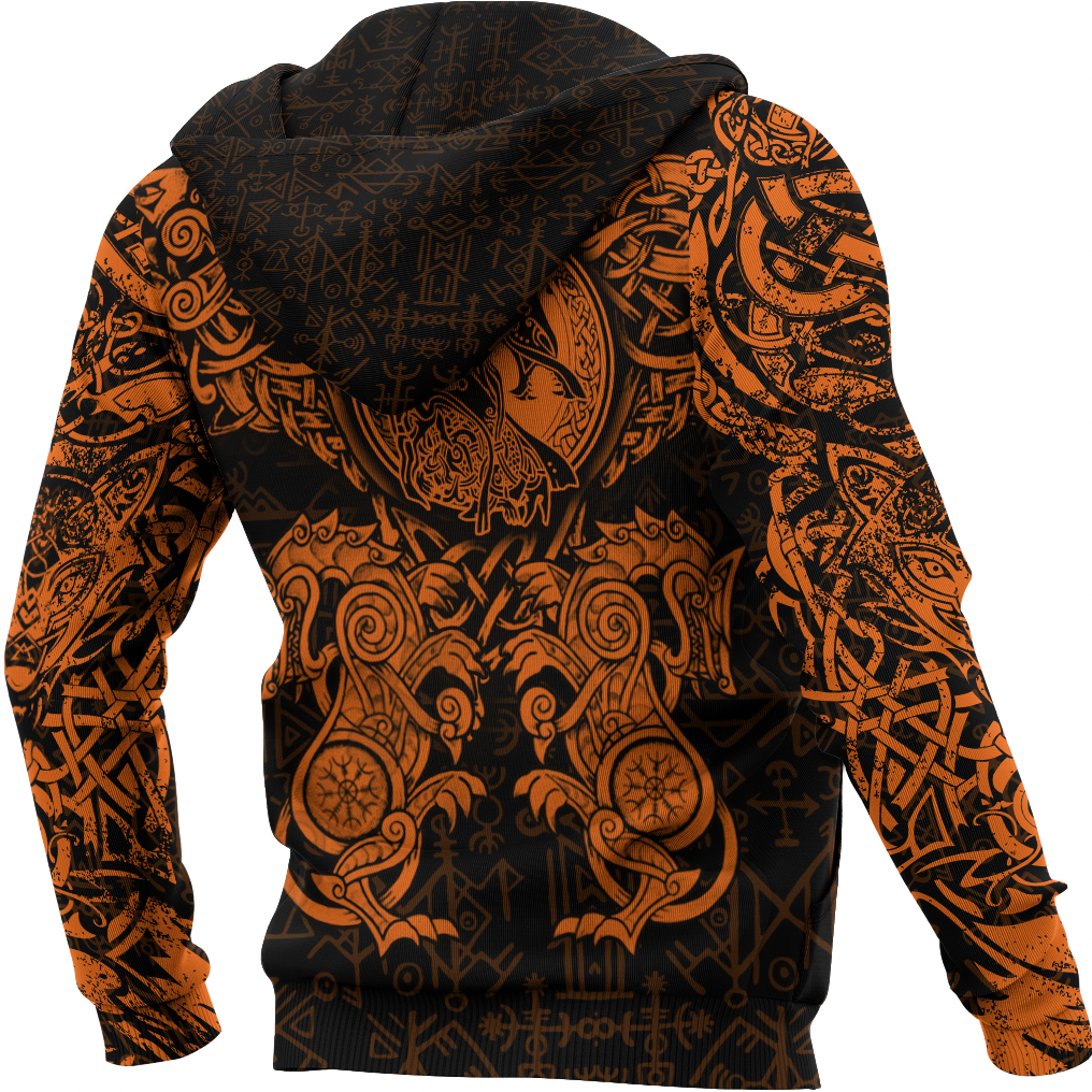Viking Clothing Viking Dragon and Wolf Tattoo Orange Zip Hoodie RLT12