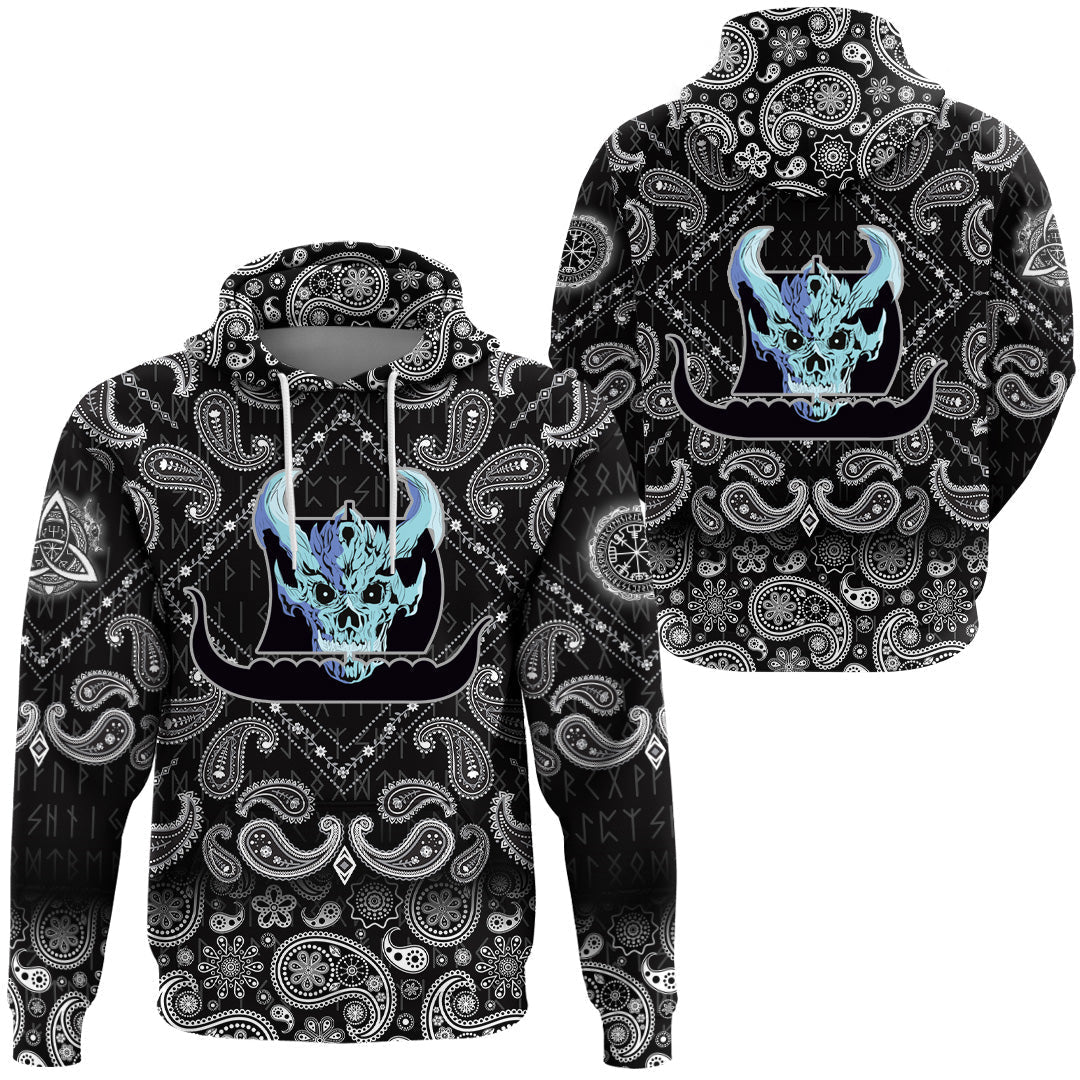 Viking Hoodie Ship Silhouette With White Skull with Bandana Paisley Style RLT12