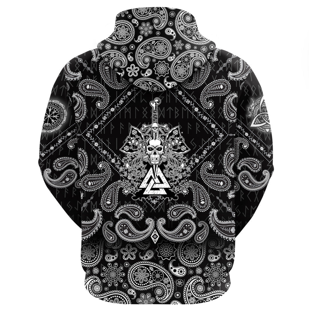 Viking Hoodie Skull Pierced By Sword with Bandana Paisley Style RLT12