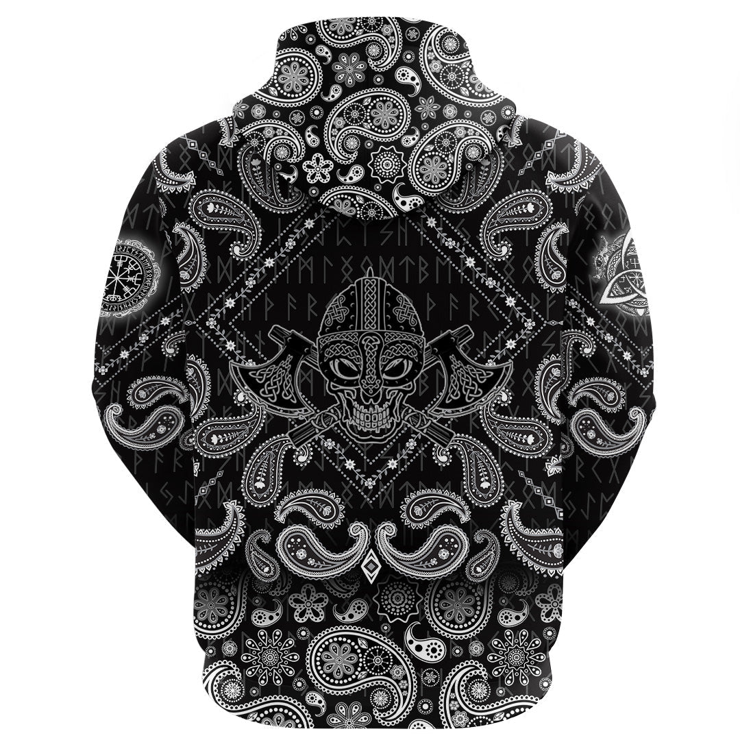 Viking Hoodie Skull Wearing Helmet Over Crossed Battle Axes with Bandana Paisley Style RLT12