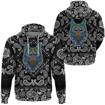 Viking Hoodie Stylized Wolf In Ethnic with Bandana Paisley Style RLT12