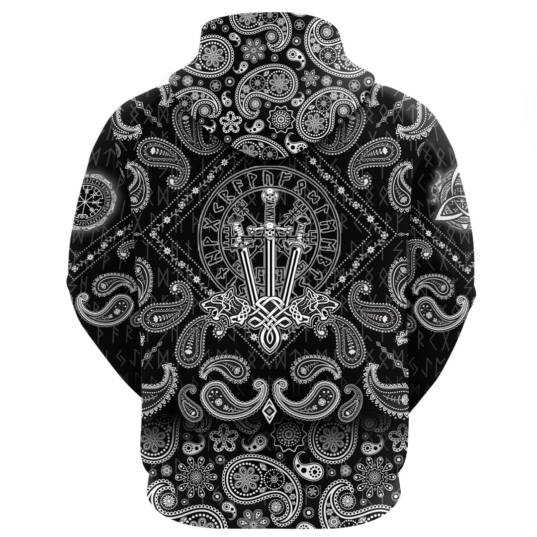 Viking Hoodie Sword Wolf Logo with Bandana Paisley Style RLT12