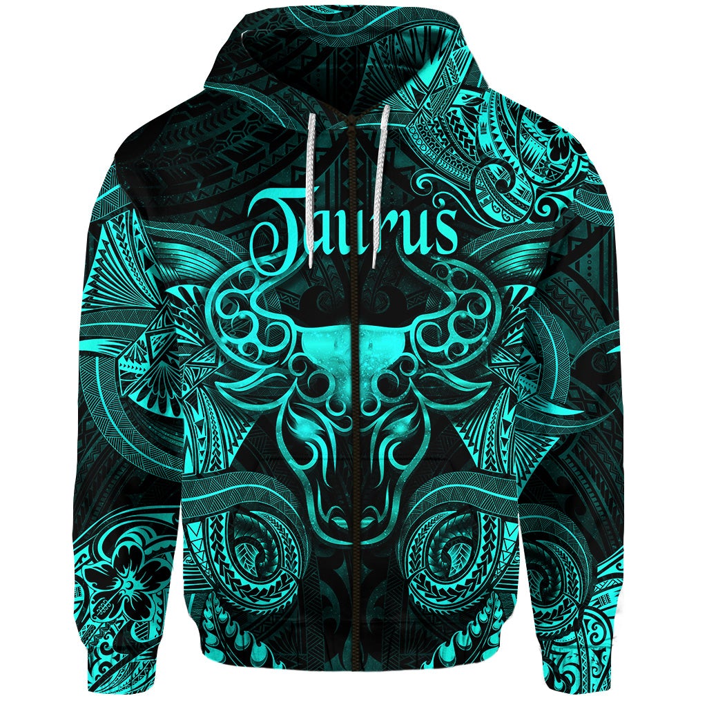 Taurus Zodiac Polynesian Zip Hoodie Unique Style Turquoise LT8