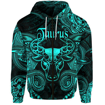 Taurus Zodiac Polynesian Zip Hoodie Unique Style Turquoise LT8
