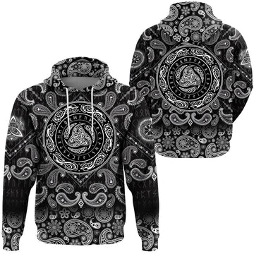 Viking Hoodie Triple Horn Of Odin and Runes with Bandana Paisley Style RLT12