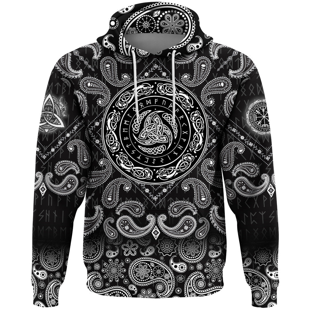 Viking Hoodie Triple Horn Of Odin and Runes with Bandana Paisley Style RLT12