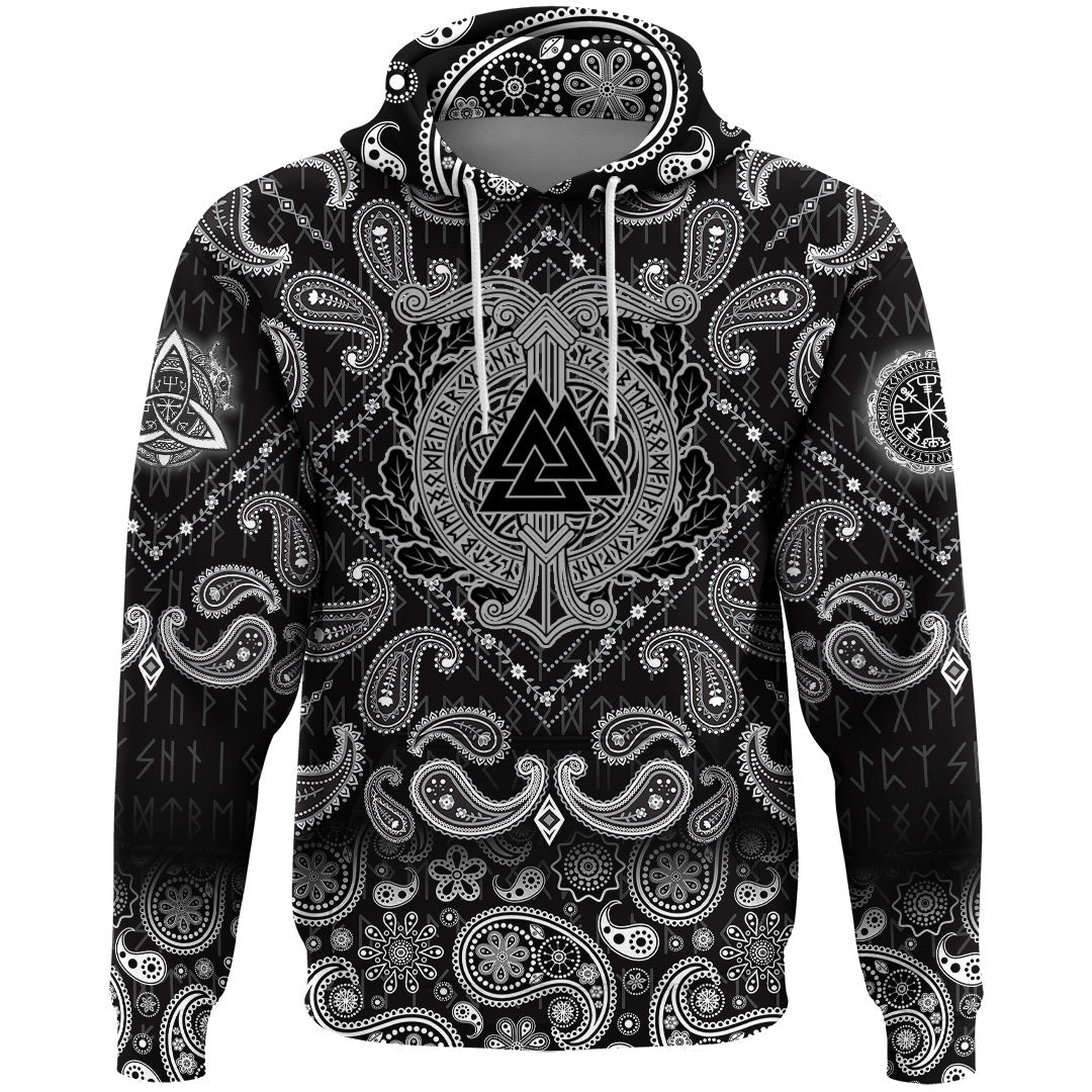 Viking Hoodie Valknut and Scandinavian Runes with Bandana Paisley Style RLT12