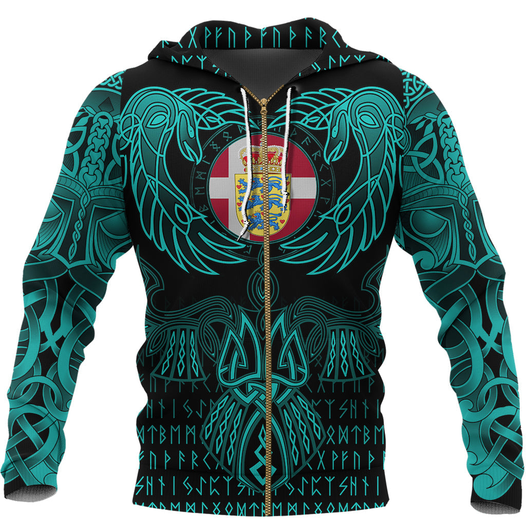 Viking Denmark Zip Hoodie Valknut of Odin Cyan RLT12