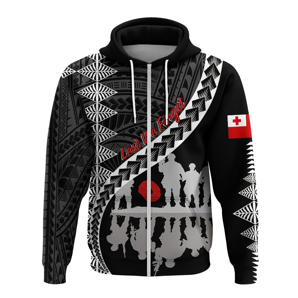 Tonga ANZAC Day Black and White Zip Up Hoodie Lest We Forget LT7