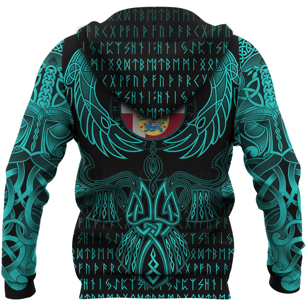 Viking Denmark Zip Hoodie Valknut of Odin Cyan RLT12