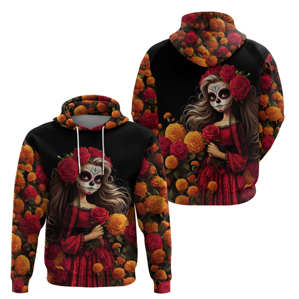 Day of Dead Girl Hoodie Sugar Skull Girl Rose And Marigold DT01