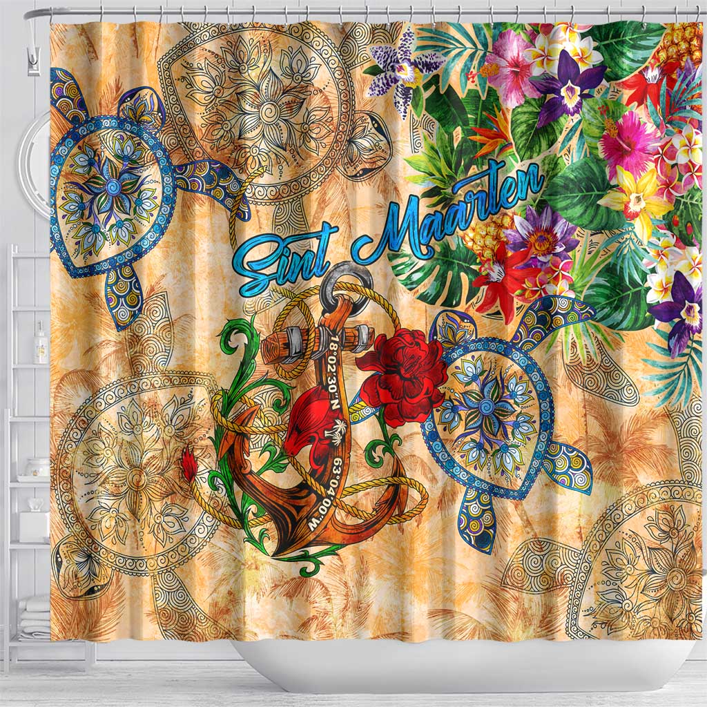 Sint Maarten Shower Curtain Geographic Coordinate Anchor - Turlte Tropical DT02