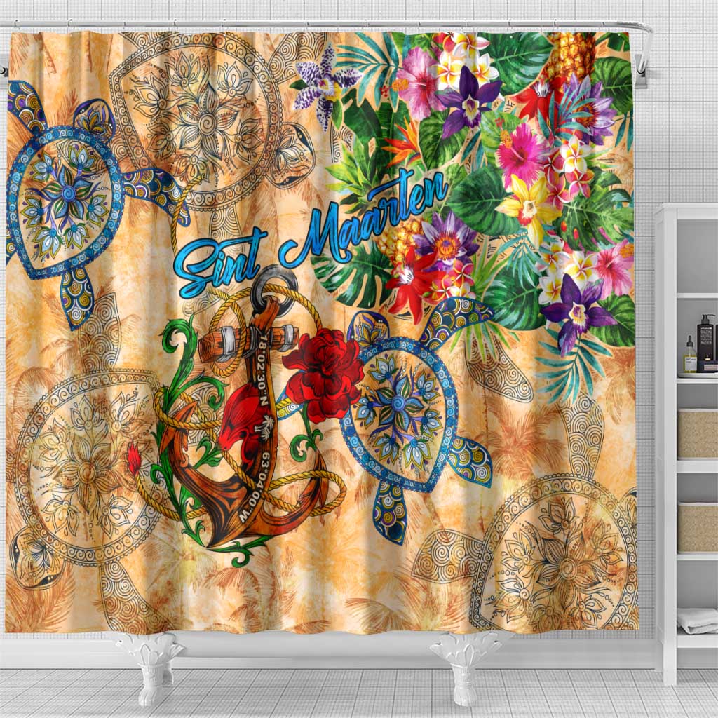 Sint Maarten Shower Curtain Geographic Coordinate Anchor - Turlte Tropical DT02