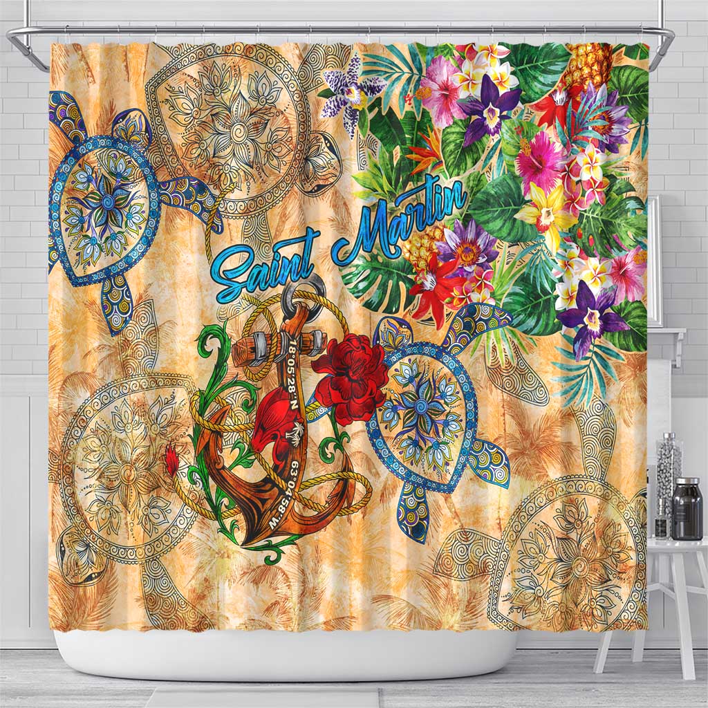 Saint Martin Shower Curtain Geographic Coordinate Anchor - Turlte Tropical DT02