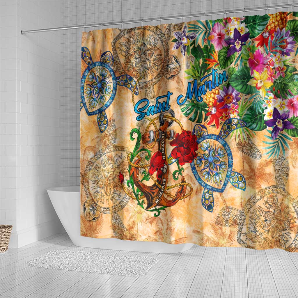 Saint Martin Shower Curtain Geographic Coordinate Anchor - Turlte Tropical DT02