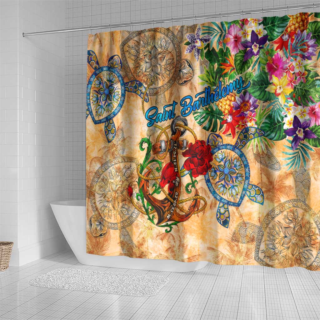 Saint Barthelemy Shower Curtain Geographic Coordinate Anchor - Turlte Tropical DT02