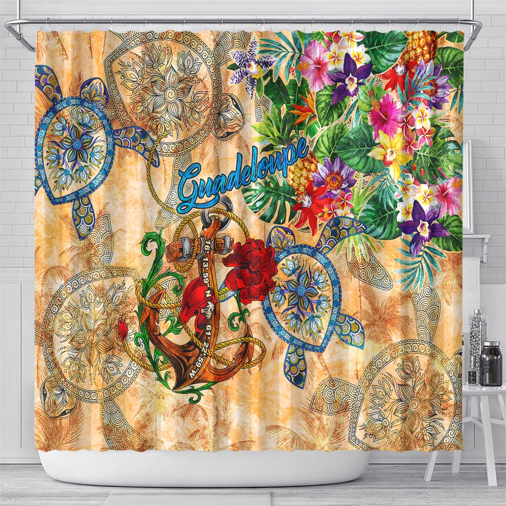 Guadeloupe Shower Curtain Geographic Coordinate Anchor - Turlte Tropical DT02