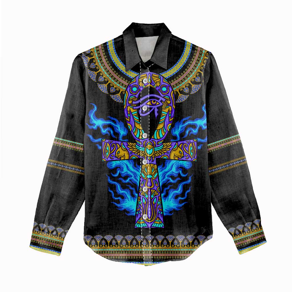 Egyptian Ankh Golden Blue Fire Women Casual Shirt DT02