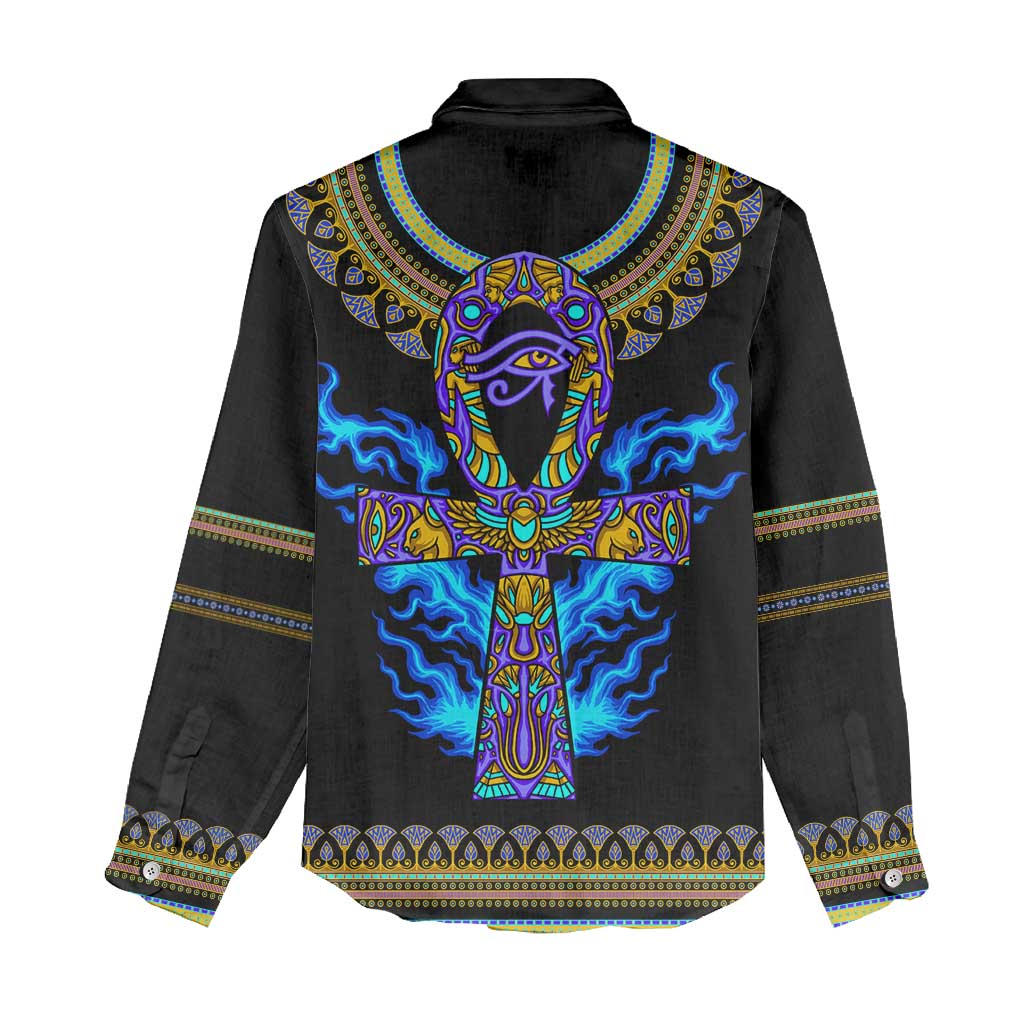 Egyptian Ankh Golden Blue Fire Women Casual Shirt DT02