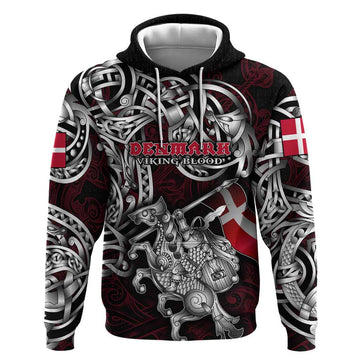 Personalized Denmark Viking Blood Hoodie Nordic Runes and Shield of Ancestry in Tribal Knotwork DT02