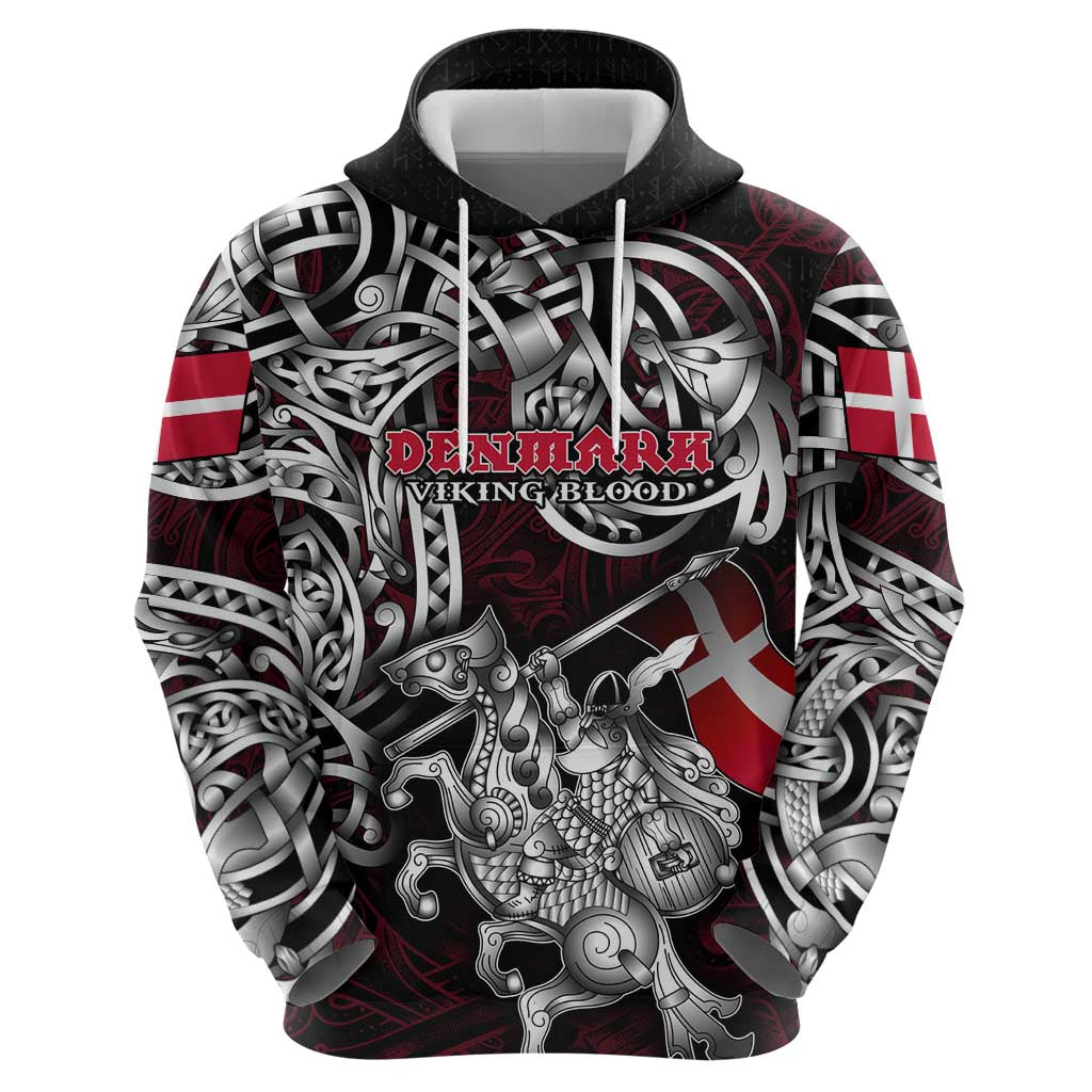 Personalized Denmark Viking Blood Hoodie Nordic Runes and Shield of Ancestry in Tribal Knotwork DT02