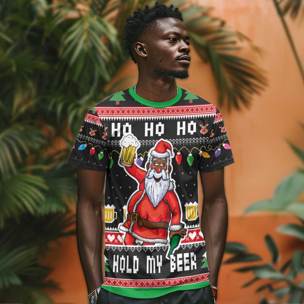 Ho Ho Ho Hold My Beer Santa Afro T shirt Christmas Beer DT03