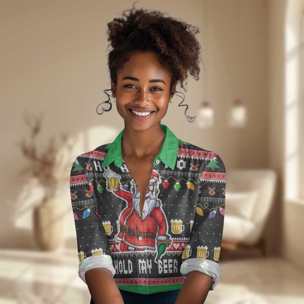 Ho Ho Ho Hold My Beer Santa Afro Women Casual Shirt Christmas Beer DT03