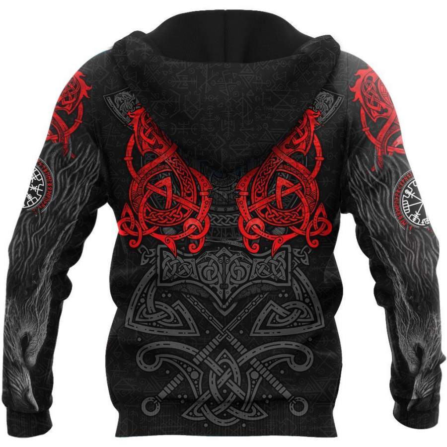 Viking Clothing Red Fenrir Viking Wolf Tattoo Hoodie RLT12