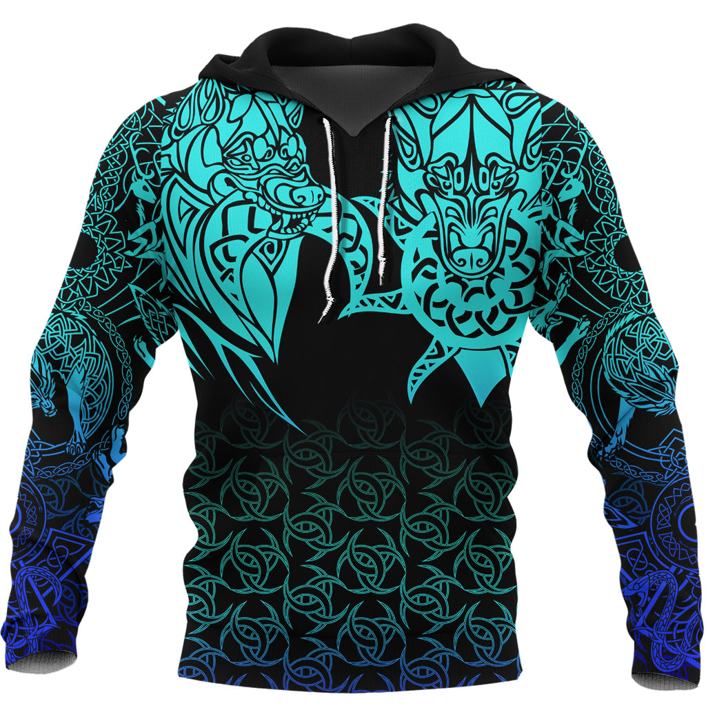 Viking Hoodie Hati and Skoll Tattoo Cyan RLT12