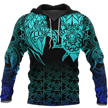 Viking Hoodie Hati and Skoll Tattoo Cyan RLT12