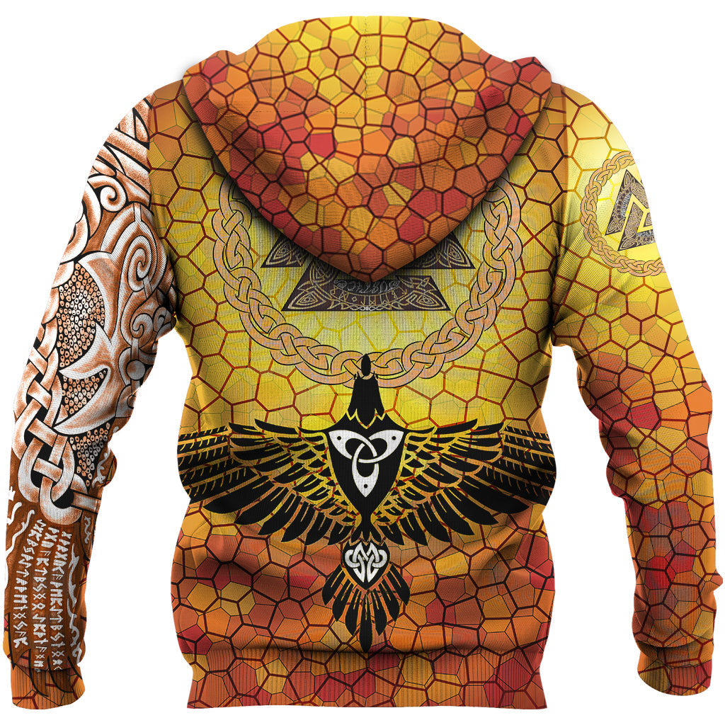 Viking Hoodie Raven Of Odin and Drakkar On Fire On Vignette Gold Valknut RLT12