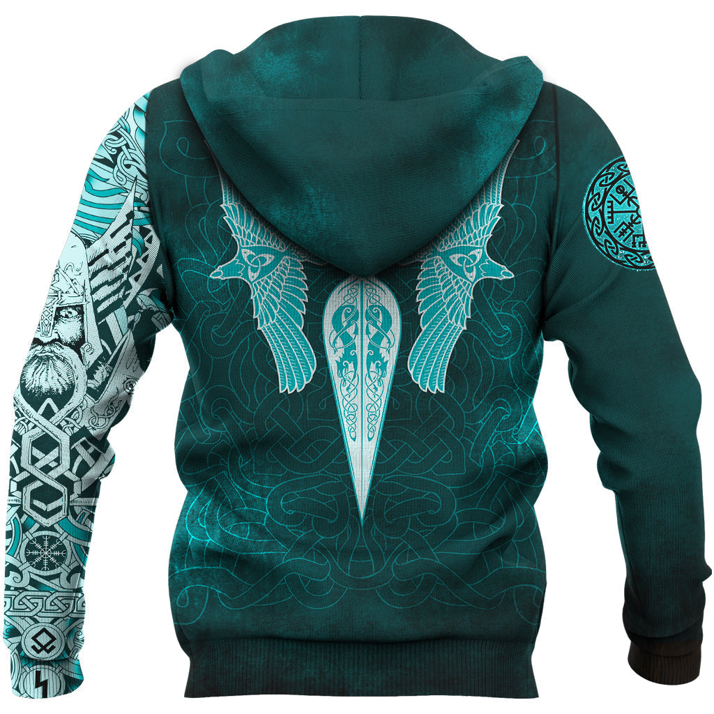 Viking Hoodie Cyan Spear Of The God Odin Gungnir and Two Cyan Ravens Style RLT12
