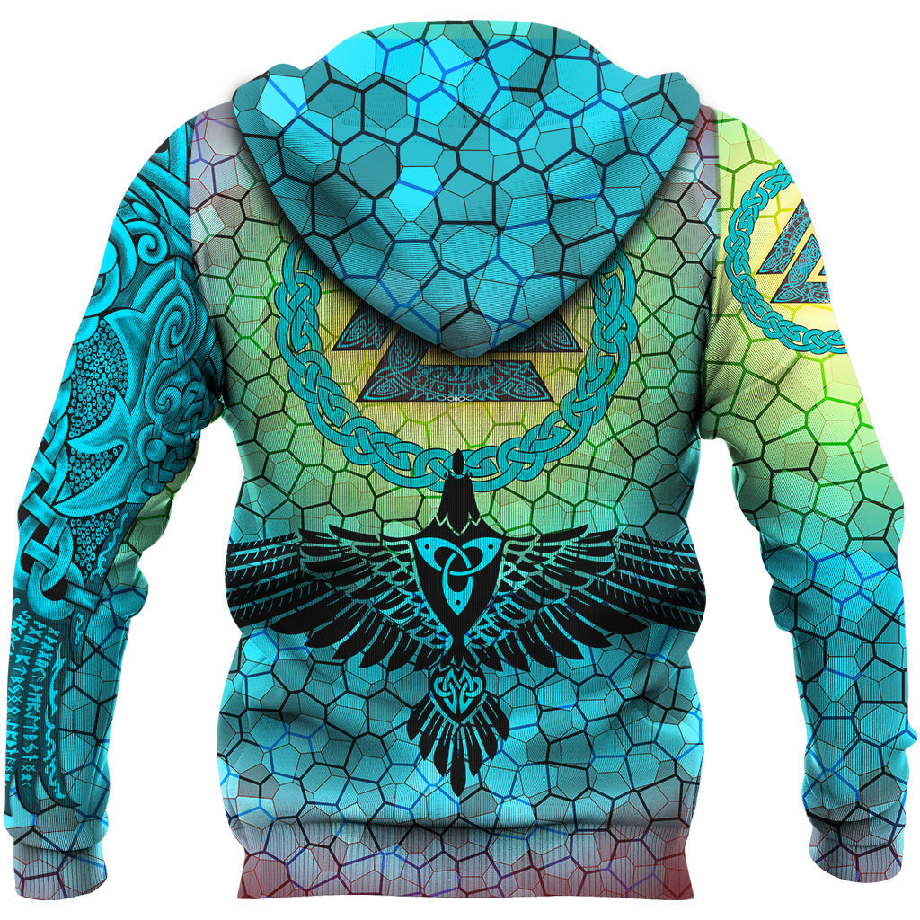 Viking Hoodie Raven Of Odin and Drakkar On Fire On Vignette Cyan Valknut RLT12