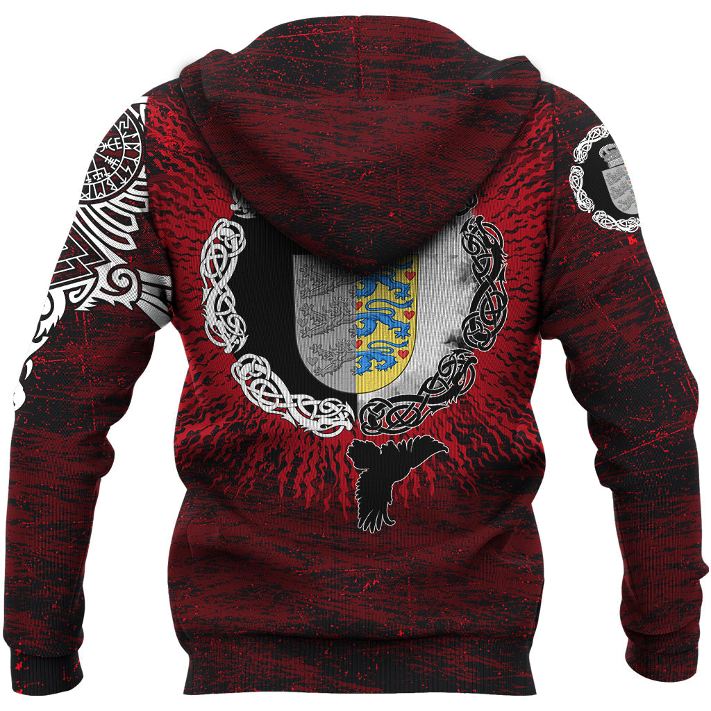 Viking Hoodie Denmark Raven Of Odin and Symbol Viking On Blood Background RLT12